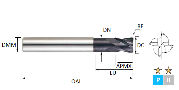 4.0mm 4 Flute (0.4mm Radius) Stub Cut Necked Pulsar Carbide End Mill (Flatted Shank)